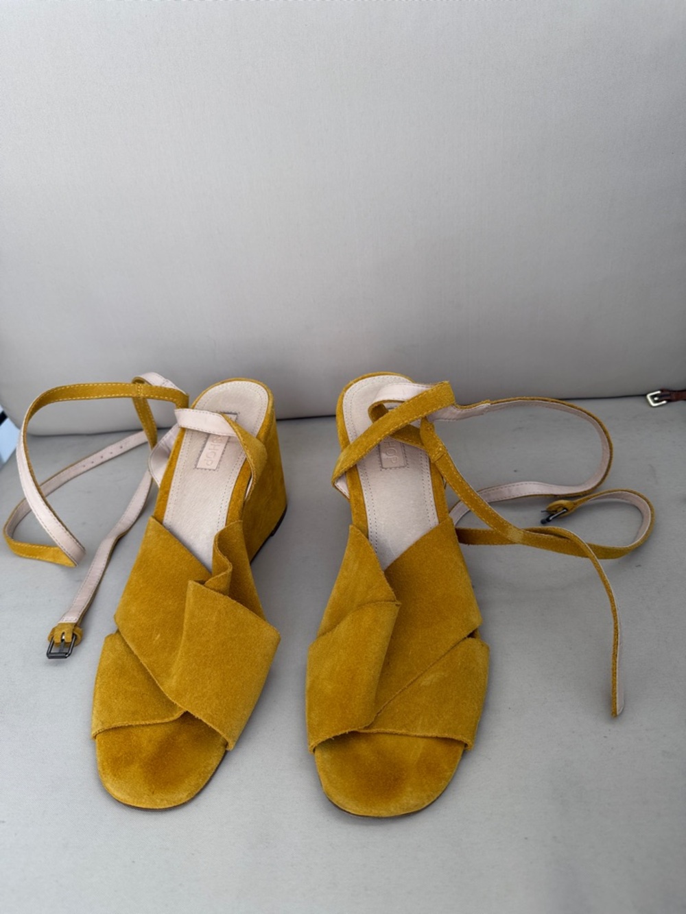 Topshop Mustard Suede Wedge Sandals with Ankle Tie